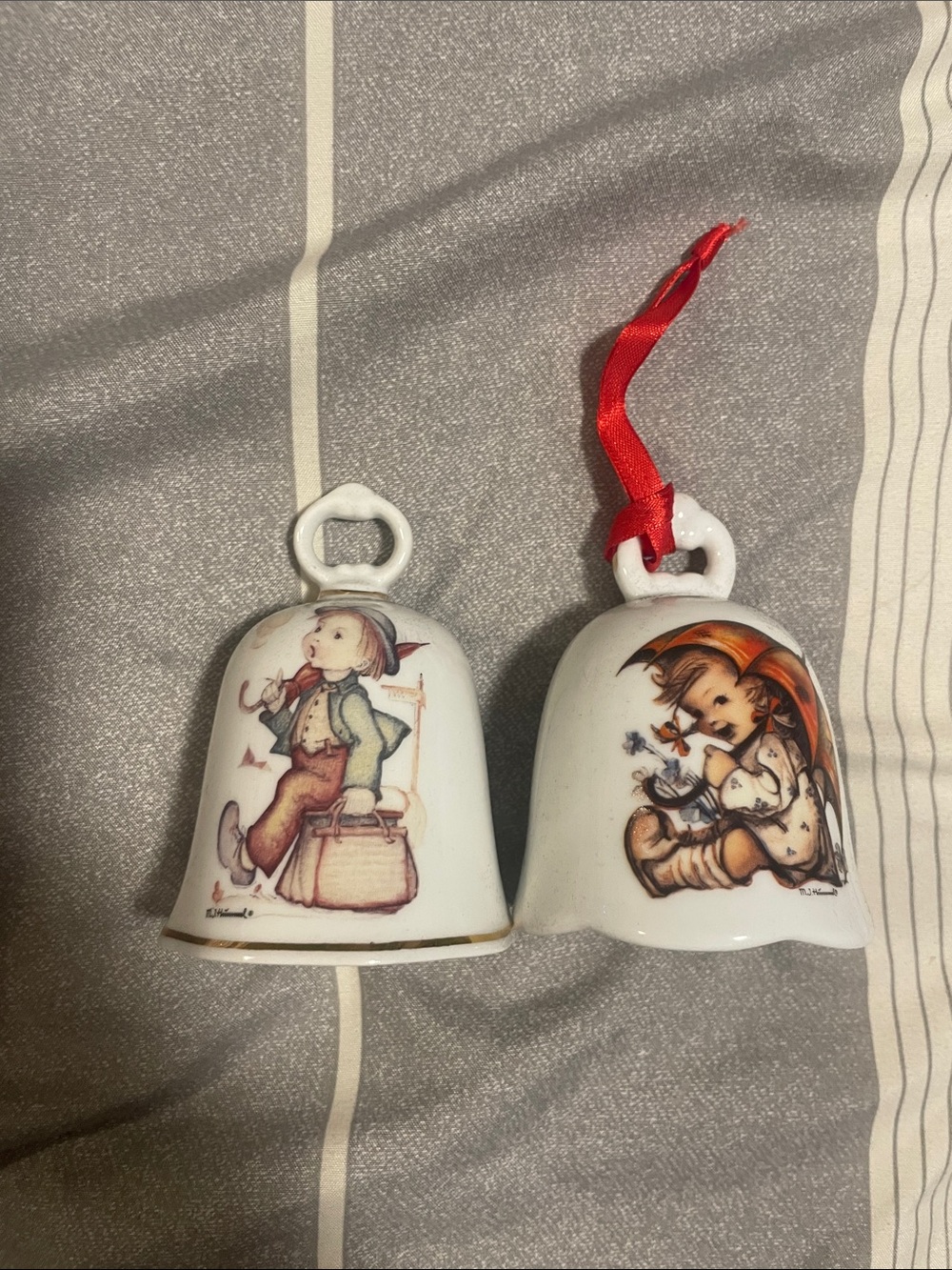 Hummel White Porcelain Bell Ornaments with Red Ribbon and Vintage Figurines